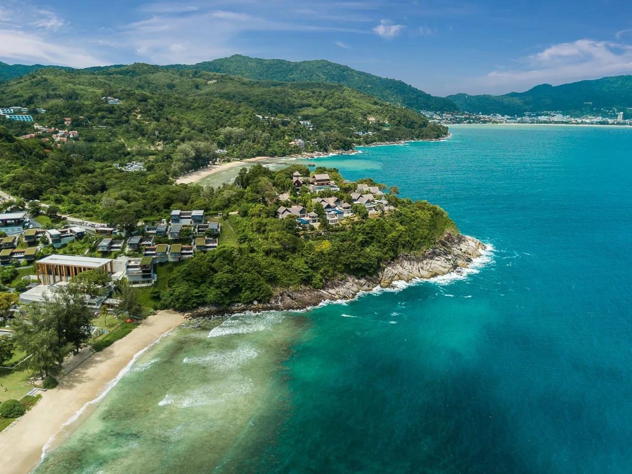 The Andaman coastline below the villa, with the two sandy beaches reachable on foot