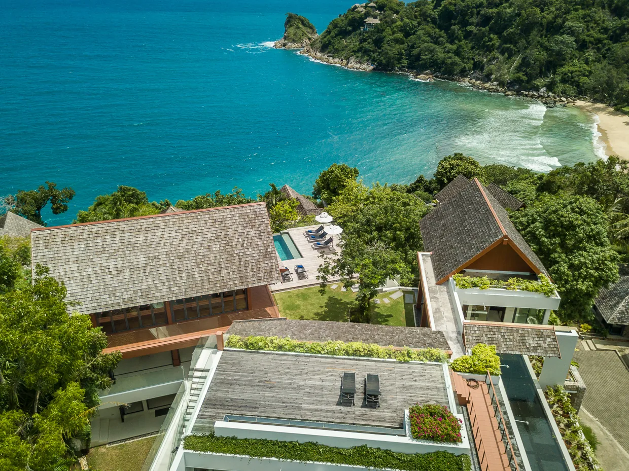 The Kamala headland from the air, with the villa pool deck and the beach below