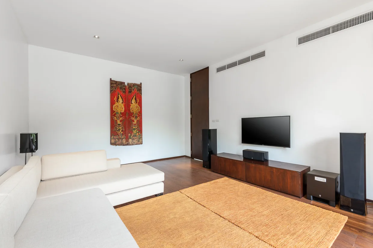 The media room with its large screen and sound system