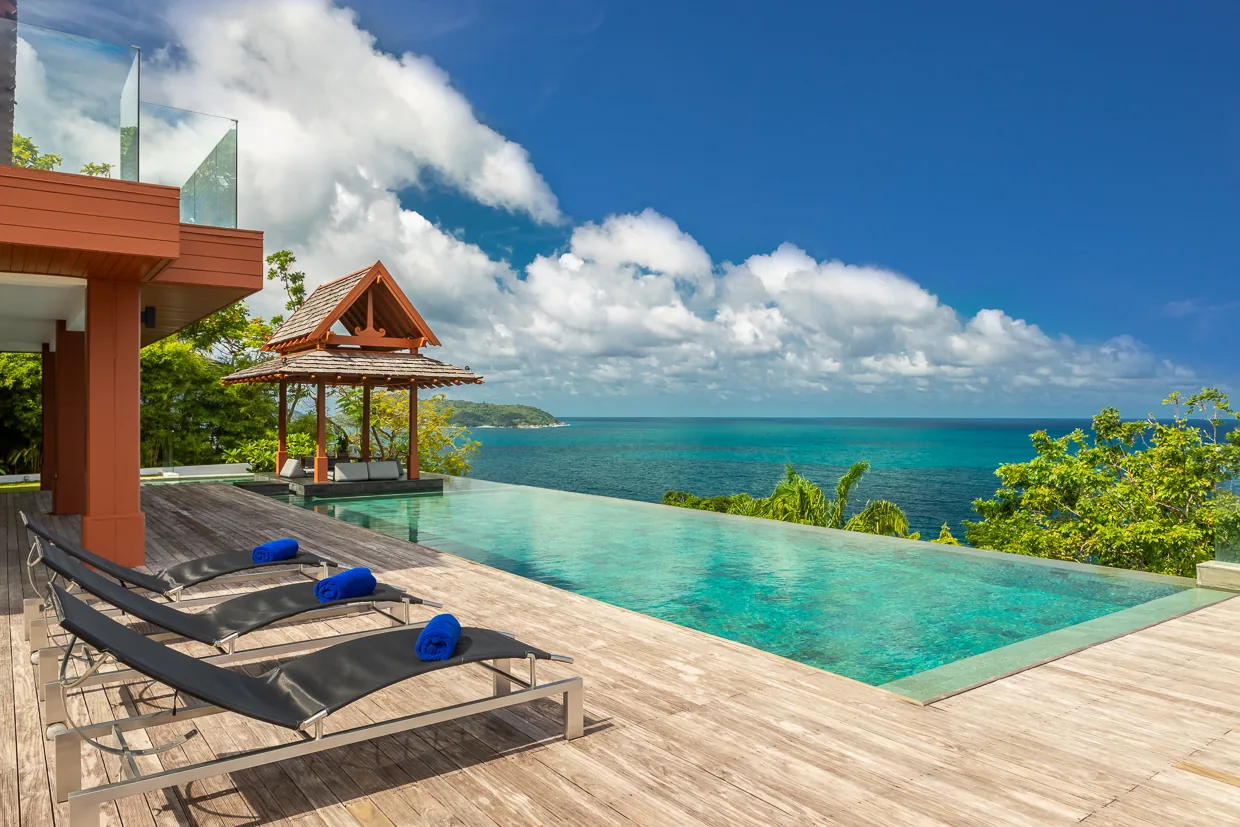 Pool loungers and the sala looking out to the Andaman Sea