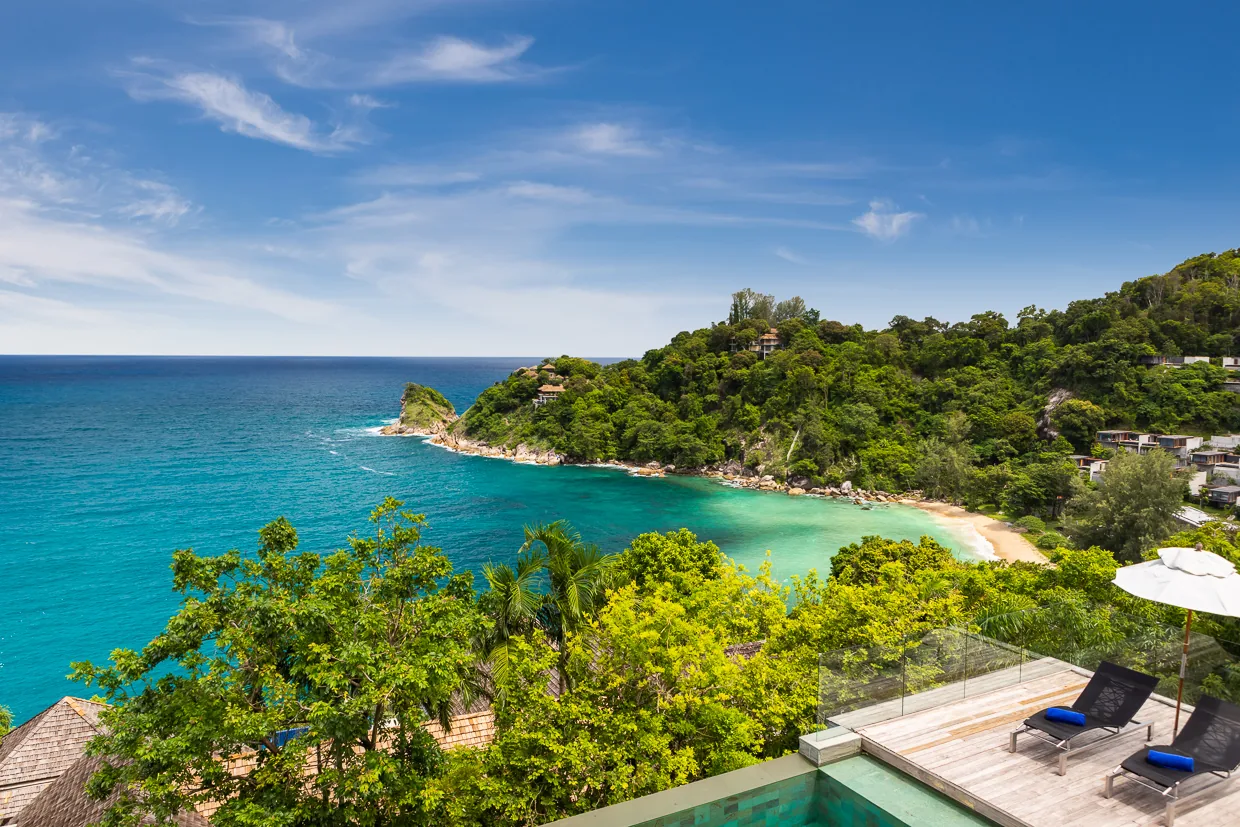 The view from the villa terrace along the headland to the cove below